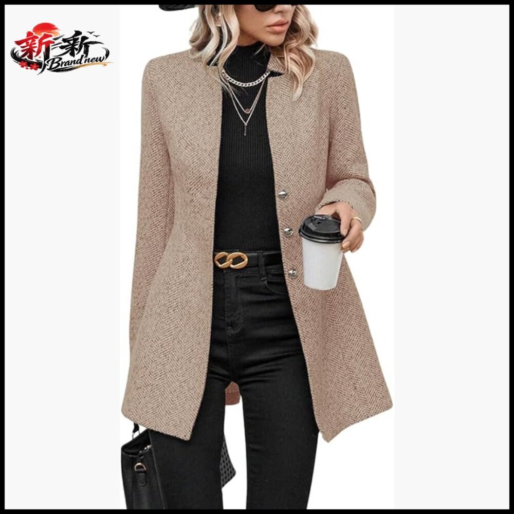 Herringbone Wool Blend Blazer Notch Collar Button Up Business Casual
